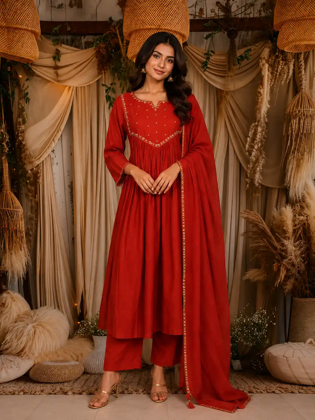 Orange Sequin Embroidered Design Cotton Anarkali Salwar Suit